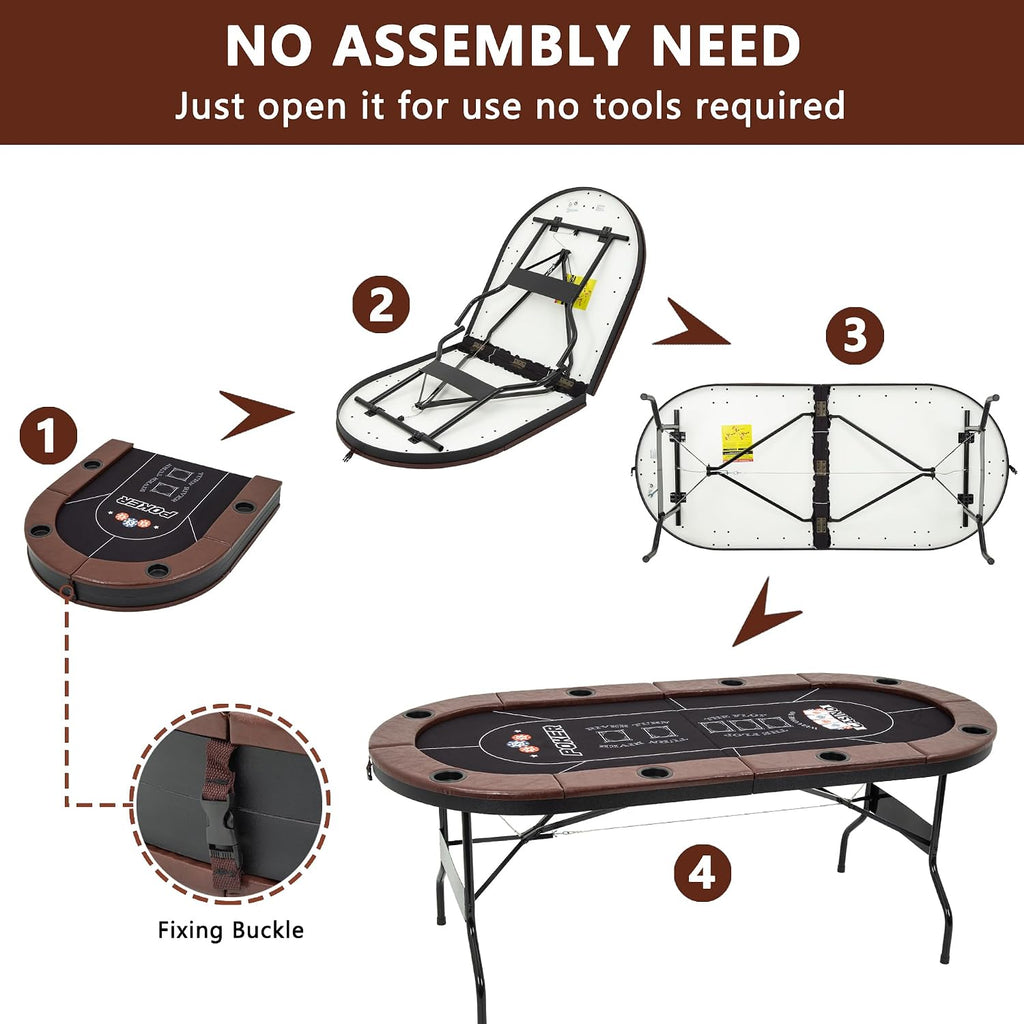 8 Player Folding Poker Tables, Texas Holdem Table with Padded Rails & Cup Holders, Foldable Casino Poker Table, Oval