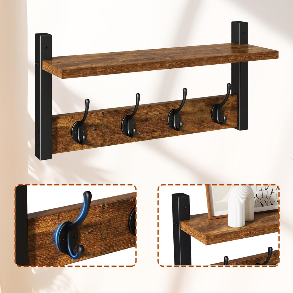 Coat Rack Wall Mount with Shelf and Hooks, Rustic Brown
