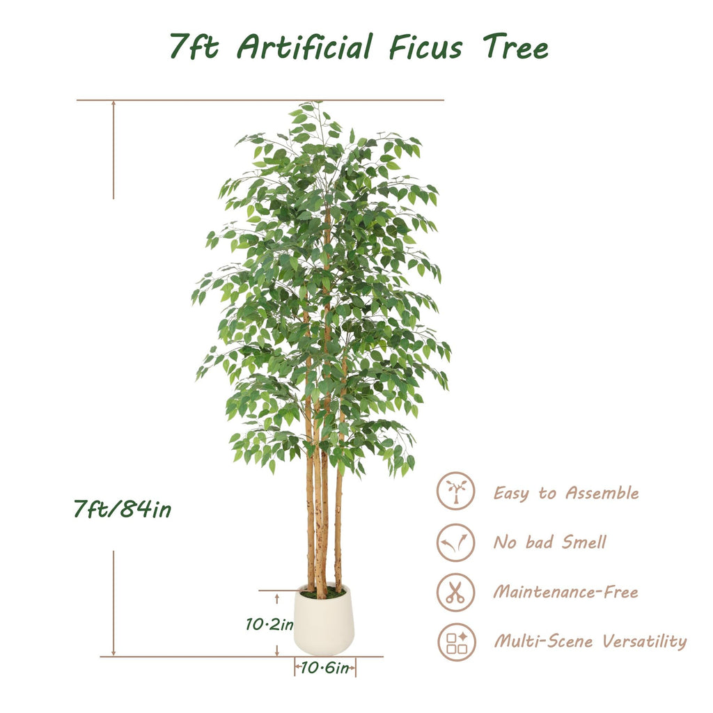 7ft Artificial Ficus Tree with White Decorative Planter & Multiple Real Wood Trunks, 84in Fake Ficus Tree with