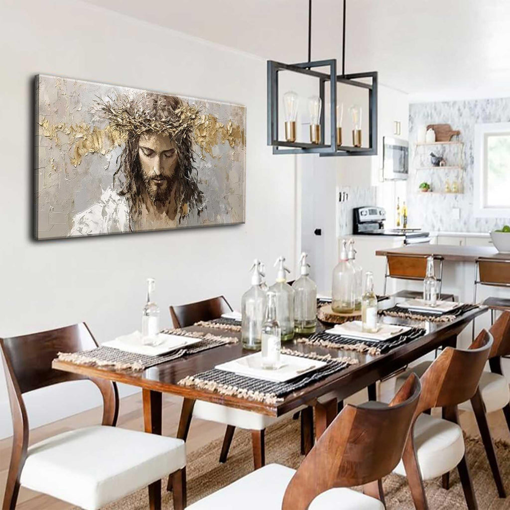 Large Jesus Portrait Canvas Wall Art Abstract Gold Thorns Jesus Painting Decor Pictures Beige Gray Christian God