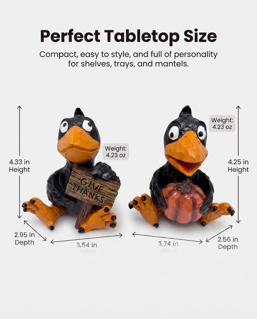 Set of 2 Thanksgiving Crow Figurines, Resin Fall Tabletop Decor with Pumpkin and Give Thanks Sign, Black Bird Shelf