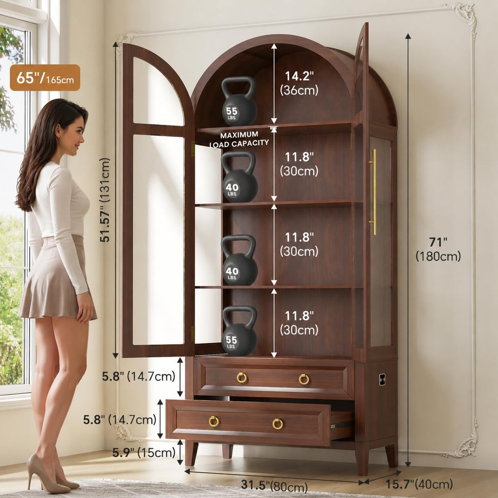 71" Arched Display Cabinets with LED Lights and Glass Doors,Brown | Curio Cabinet and 2 Drawers, Human Sensor Lights