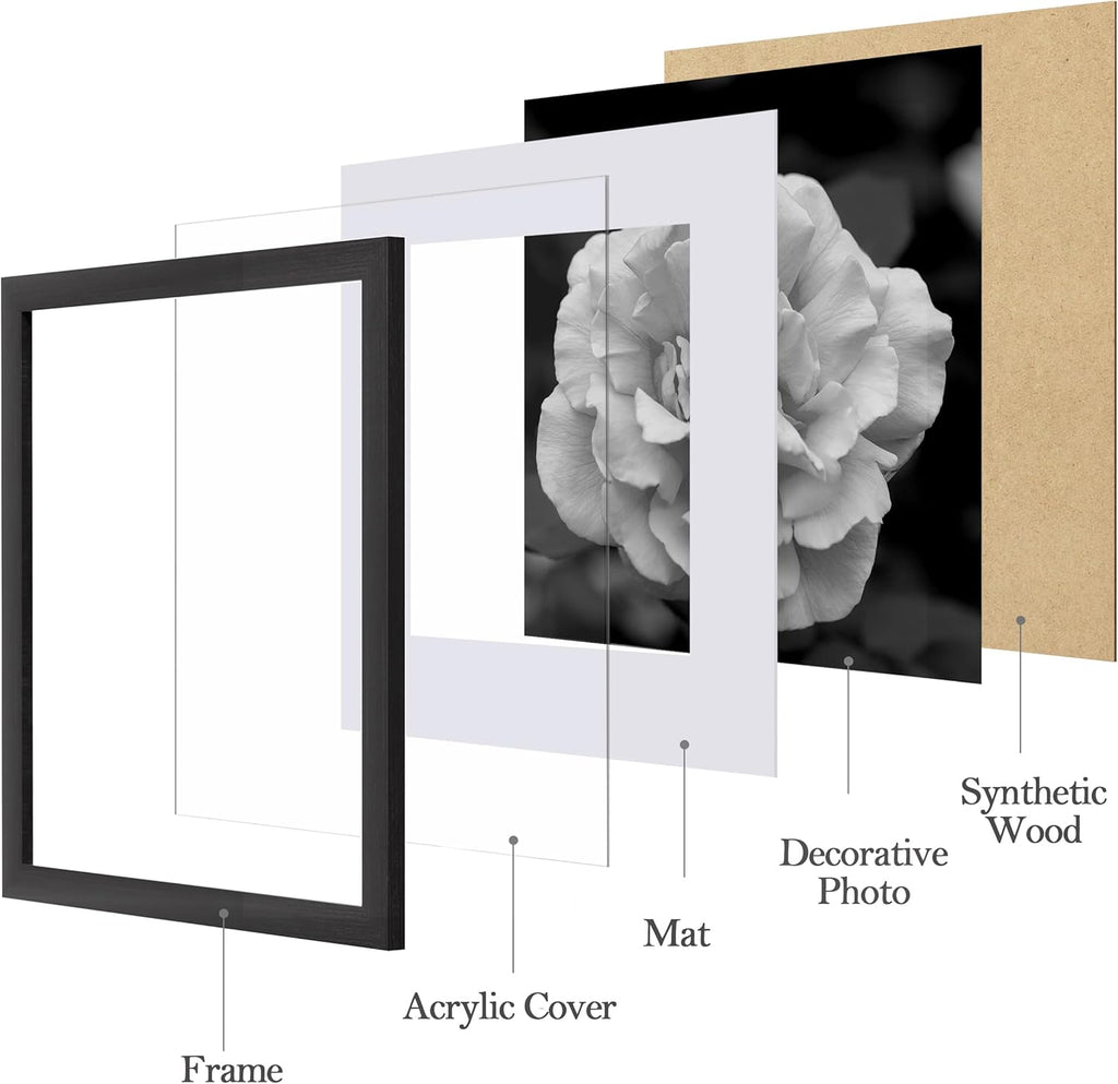 Picture Frames Set of 9, 12x12 in, Acrylic Cover, Black | Display Photo 8x8 with Mat or 12x12 without, Square Gallery