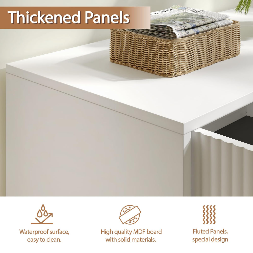 Storage Cabinet with 2 Fluted Doors and Adjustable Shelves, White, 2pcs丨Modern Wood Accent Table, Sideboard Buffet