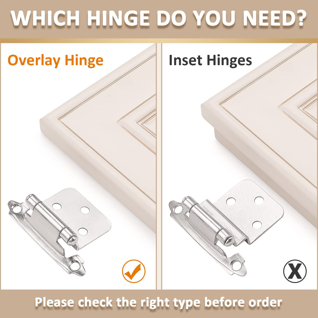 Satin Nickel Cabinet Hinges Cabinets Doors, 20 Pair -40 Pcs 1/2" Overlay (Variable) Self Closing Decorative Kitchen