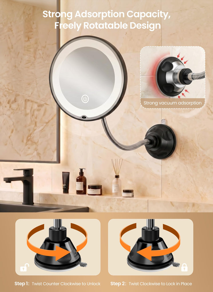 10x Makeup Mirror with Lights, Flexible Magnifying Mirror 3 Light Modes