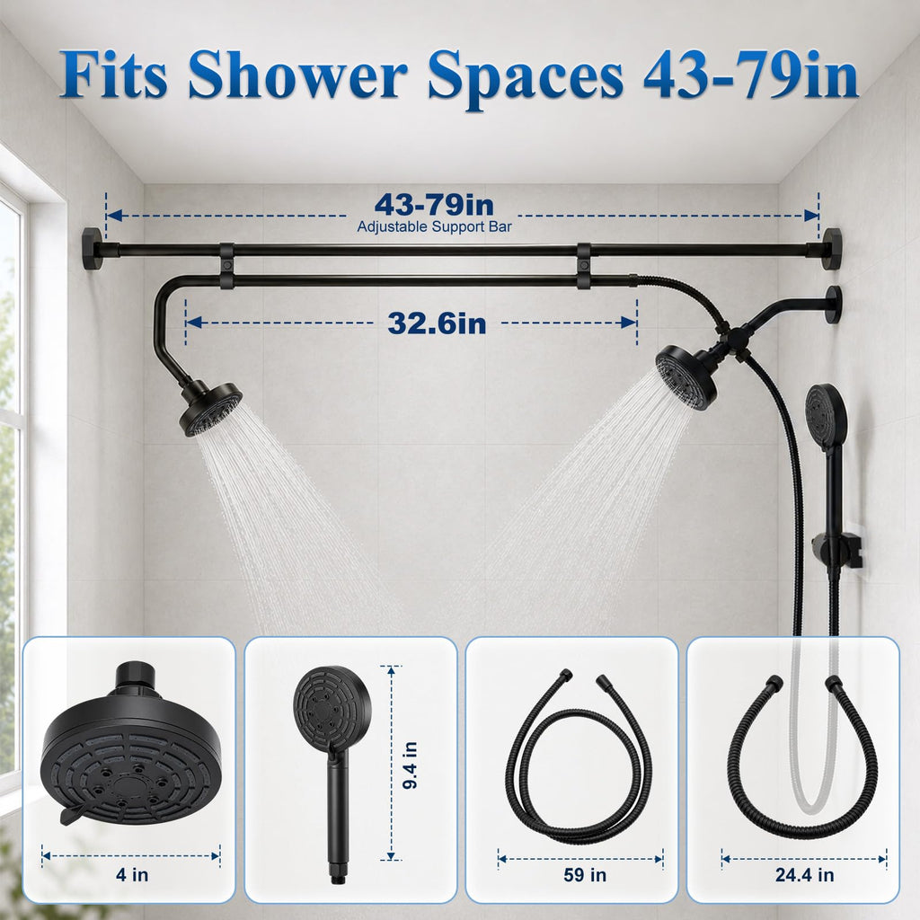 Tandem Shower Head for Two, Dual Shower Head Combo with Handheld, No-Drill