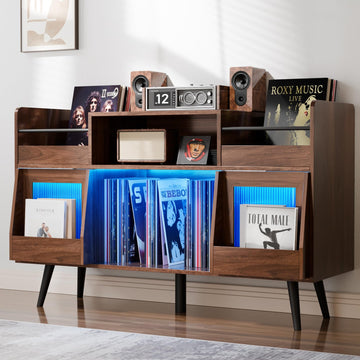 XL Record Player Stand with Sliding Door, 500 Vinyl Record Storage Cabinet
