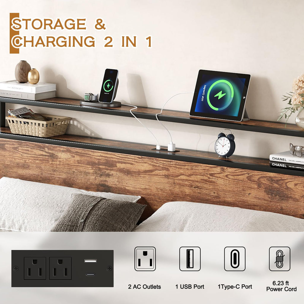 King Size Bed Frame with USB Charging Station & Storage Headboard, Modern Metal Platform Bed with Large Under Bed
