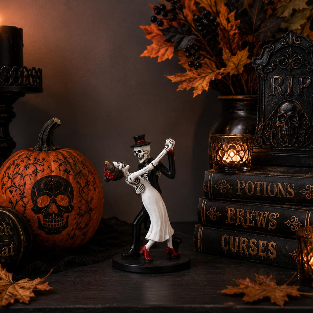 Skeleton Couple Dancing Figurine, Resin Bride and Groom Skeleton Statue, Gothic Halloween Tabletop Decor, Day of the