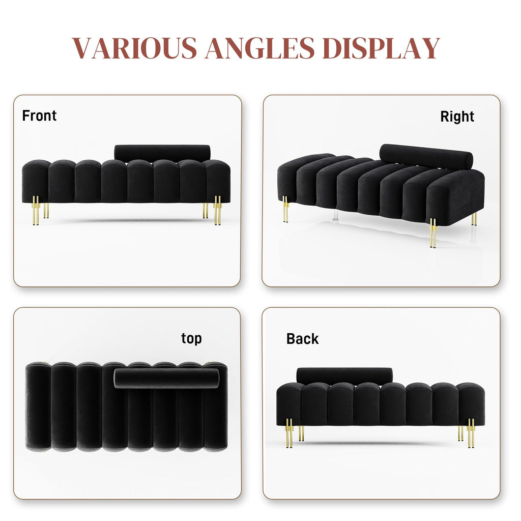52" Velvet Bench Bedroom Ottoman Bench with Adjustable Back, Black