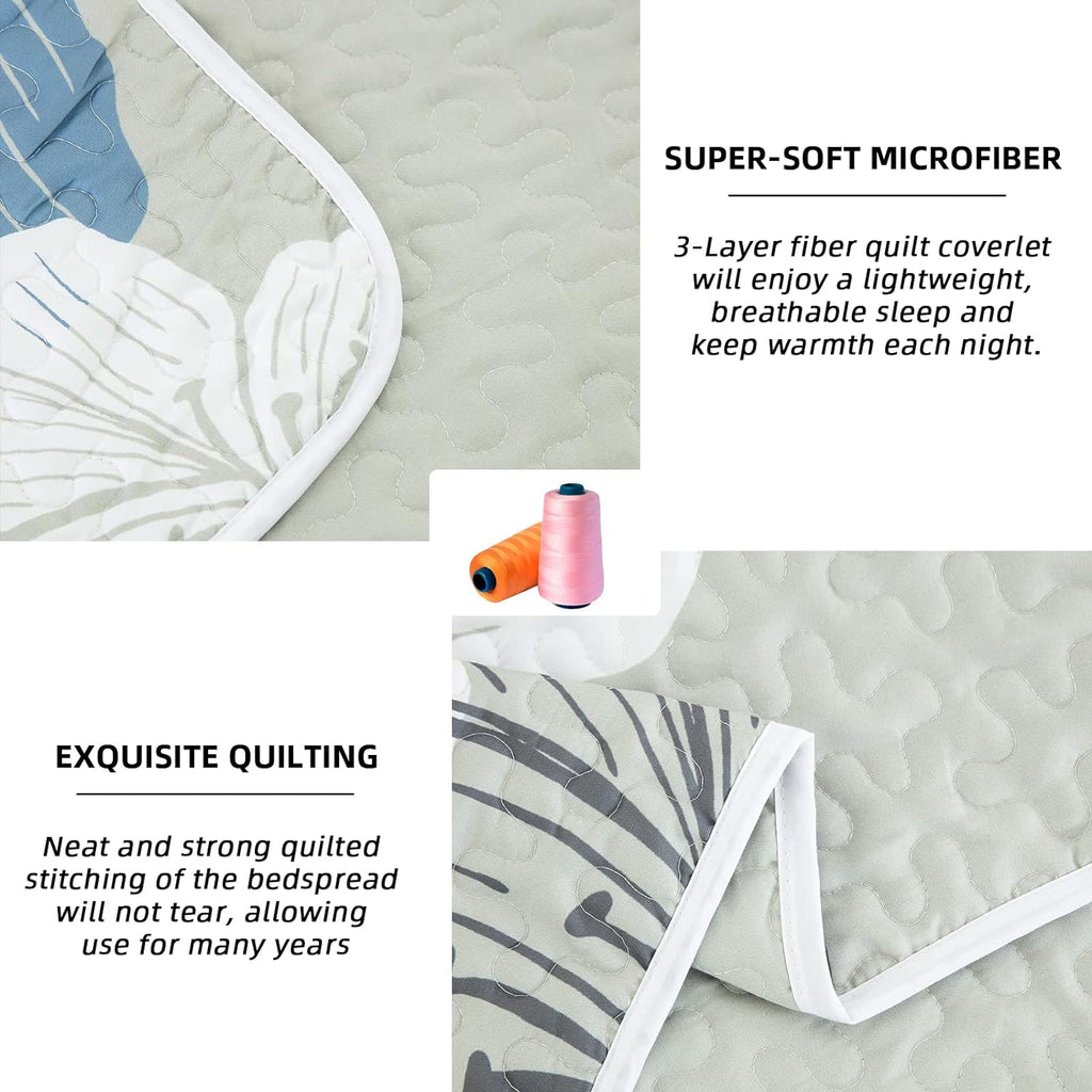 3 Pieces Quilt Set Queen Floral Pattern Coverlet Elegant Boho Bedspread with 2 Pillow Shams Lightweight Microfiber