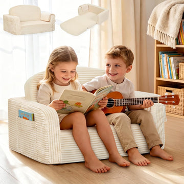 Extra Wide in-1 Convertible Kids Couch | Large Corduroy Toddler Sofa Chair with Storage Pocket & Blanket | Foldable