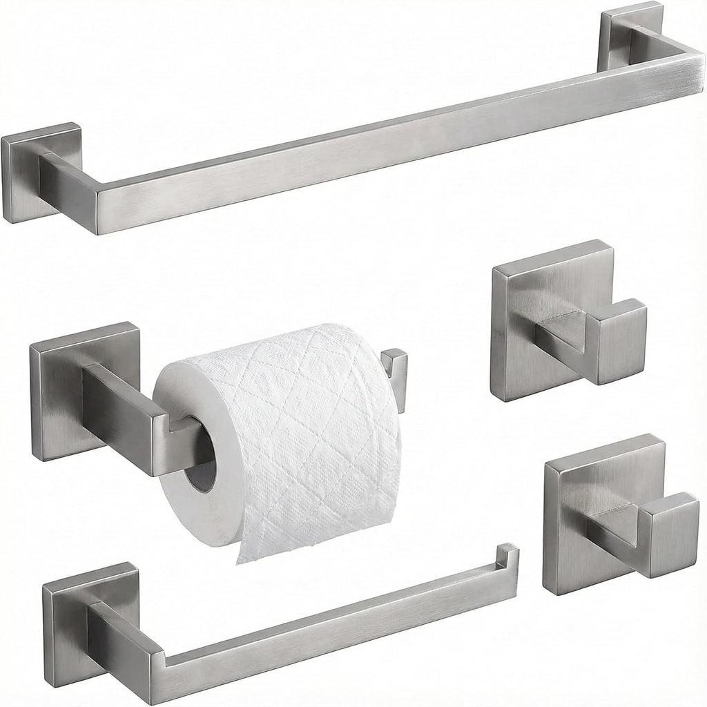 5 Piece Bathroom Hardware Set Brushed Nickel, SUS304 Stainless Steel Towel Bar Set, Modern Square Accessories with 16