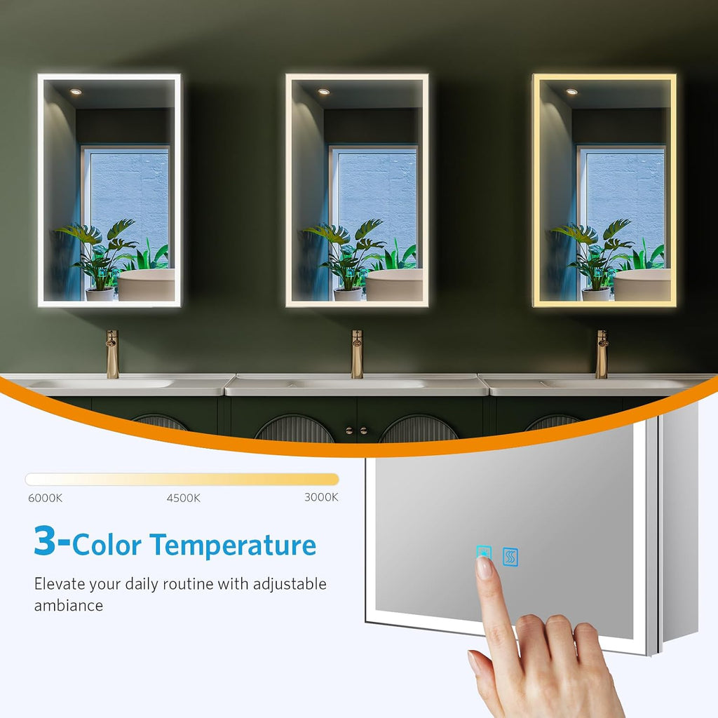 16"x26" LED Medicine Cabinet with Mirror, Recessed or Surface | Silver aluminum lighted mirror cabinet with shaver