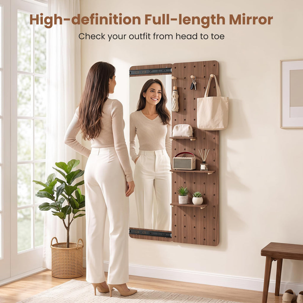 Full Length Mirror with A Pegboard, Shelf & Hooks for Storage,Walnut