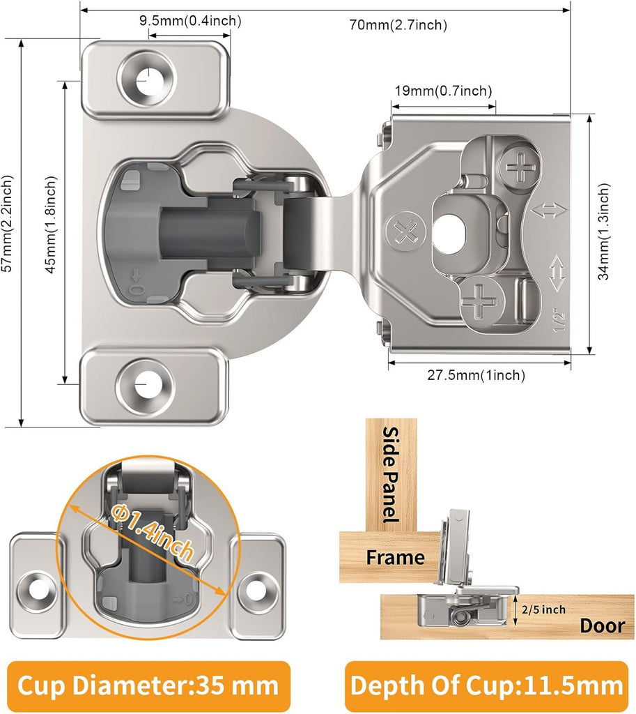 50 Pack 7/16" Overlay 4D Concealed Hinges for Face Frame Door, Soft Close On/Off Switch, Self Closing, 105° Open Angle