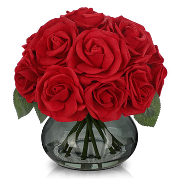Red Roses Artificial Flowers in Vase Silk Fake Rose Bouquet Flowers Floral Arrangements with Glass Vase with Faux