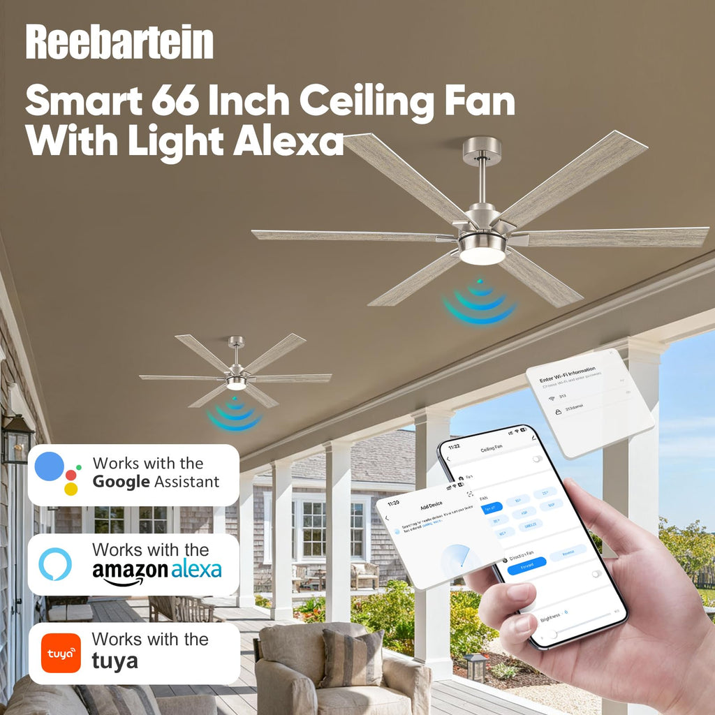 66 Inch Outdoor Smart Ceiling Fan with Light, Alexa/APP/Remote Control, 6 Modern Oak Blades Damp Rated, High CFM
