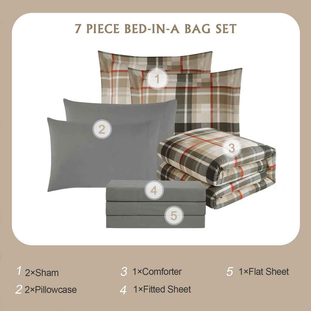Plaid Comforter Set Khaki 7 Pieces Farmhouse Bed in a Bag