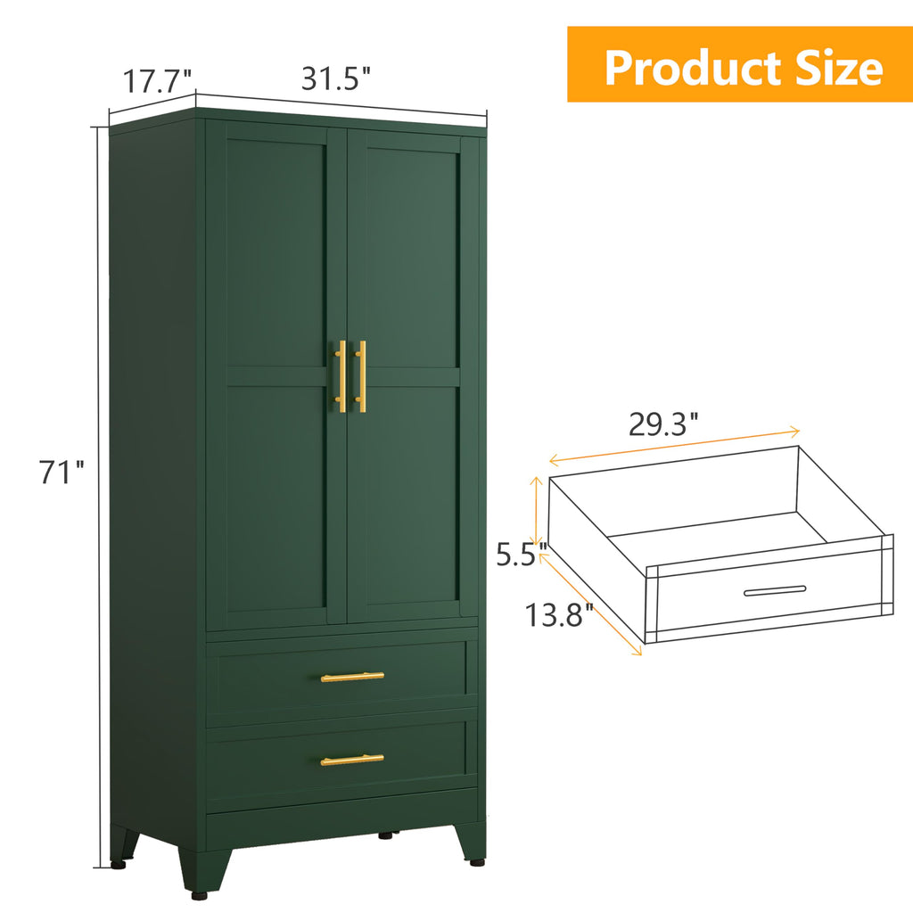 71" Metal Armoire Wardrobe Closet, Tall Clothing Storage Cabinet, Green