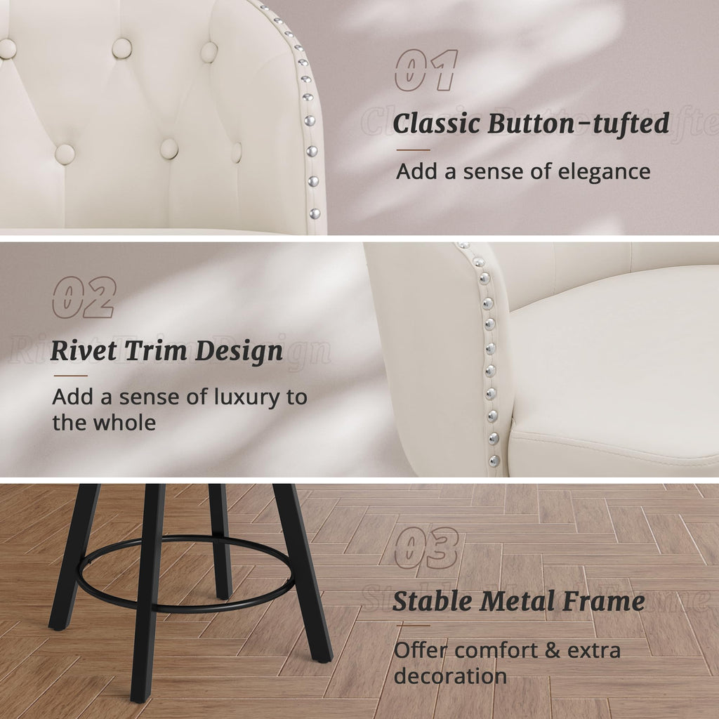 Counter Height Bar Stools Set of 6, 26" Swivel Faux Leather Upholstered Bar Stools with Backs and Metal Legs, Retro