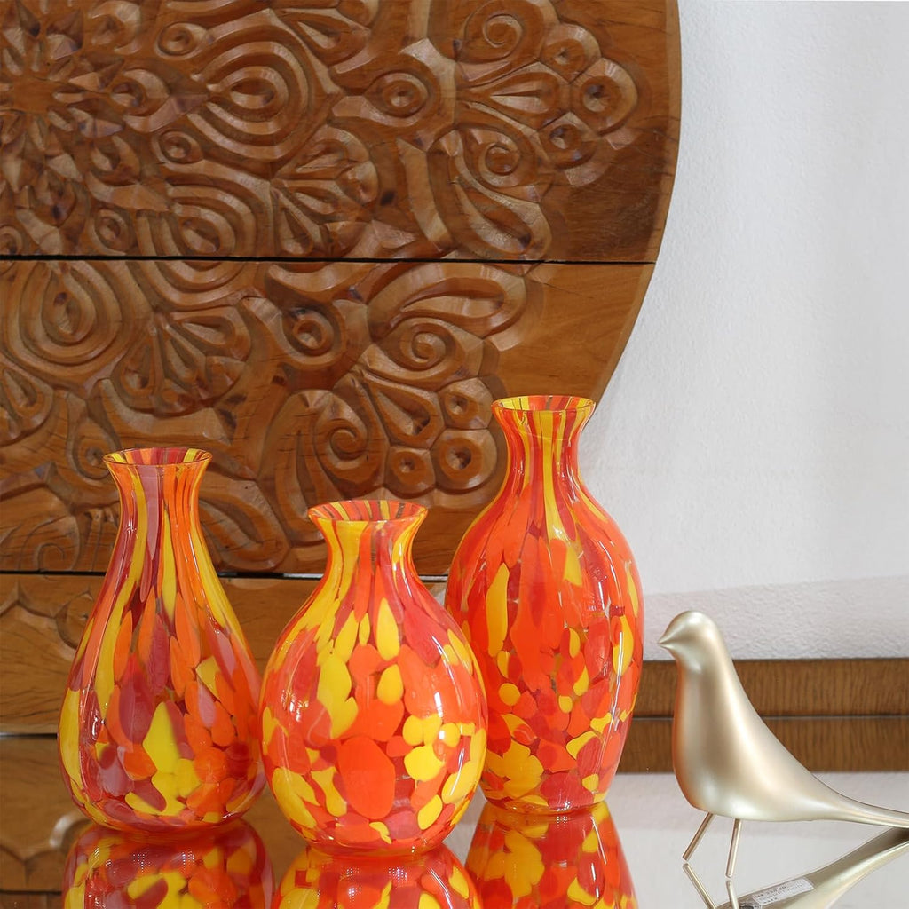 Murano Style Art Glass Vase Hand Blown Orange Confetti Effect Home Decor