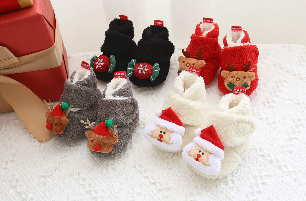 Infant Baby Booties Cozy Fleece Newborn Slippers Soft Warm Christmas Dress Shoes Cartoon Crib Shoes with Socks