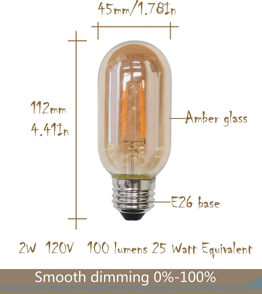 T45 E26 Amber Antique LED Edison Light Bulb,T14 LED Tubular Vintage Antique Dimmable led Bulb,2 Watt 120V 2200K Warm