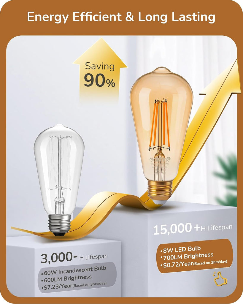 6 Pack Vintage LED Edison Bulbs ST64 Dimmable Led Light Bulb 2200K
