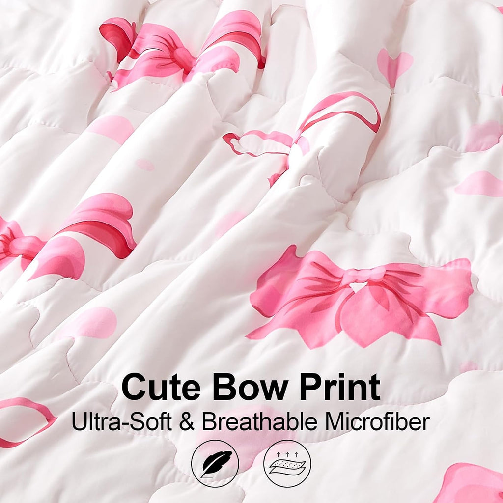 7 Piece Pink Bow Bedding Set for Girls Kids Twin Comforter Set with Sheet and 2 Pillowcases 2 Pillow Shams Cute Girls