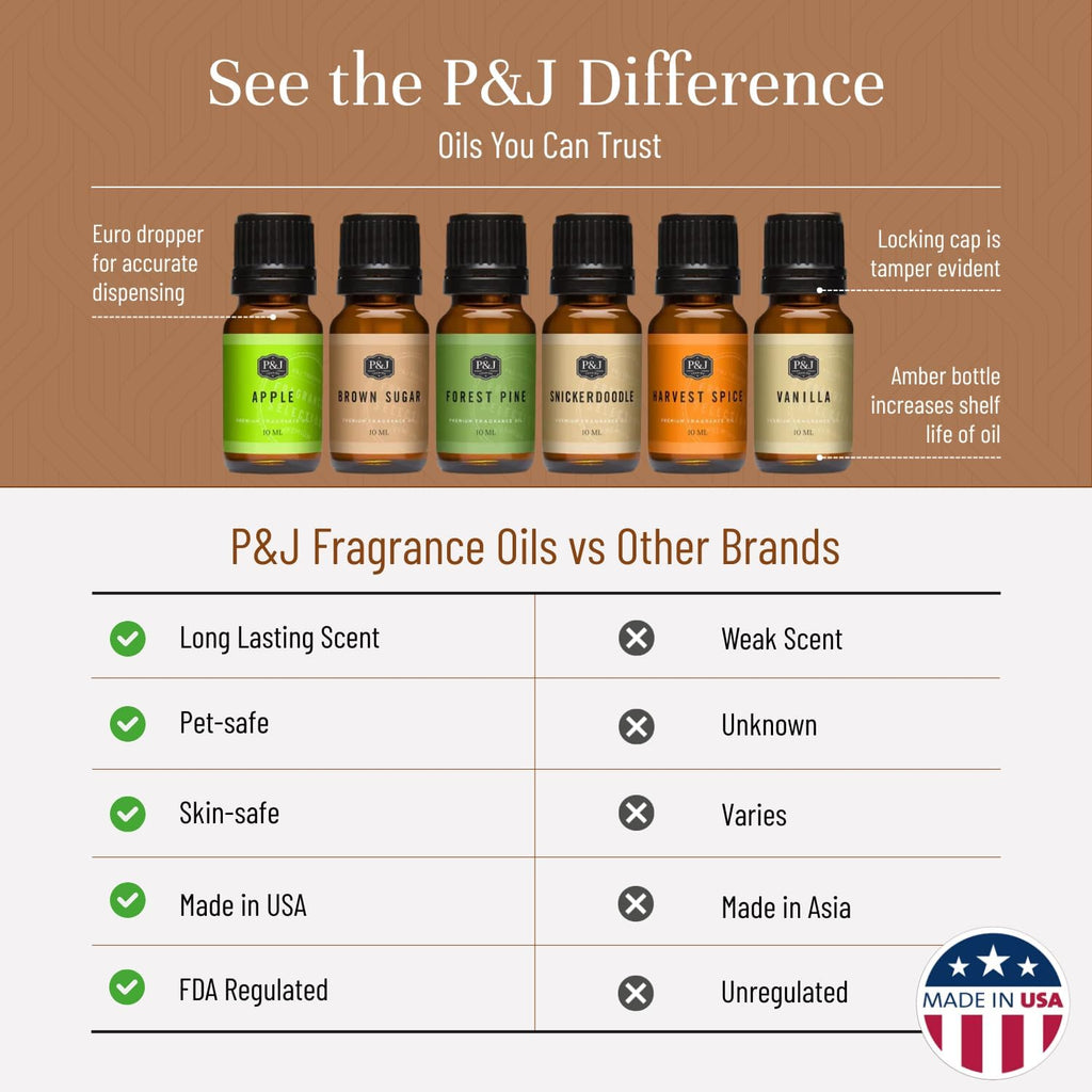 P&J Fragrance Oil Autumn Set | Brown Sugar, Apple, Harvest Spice, Vanilla, Forest Pine, and Snickerdoodle Candle - Set of 6