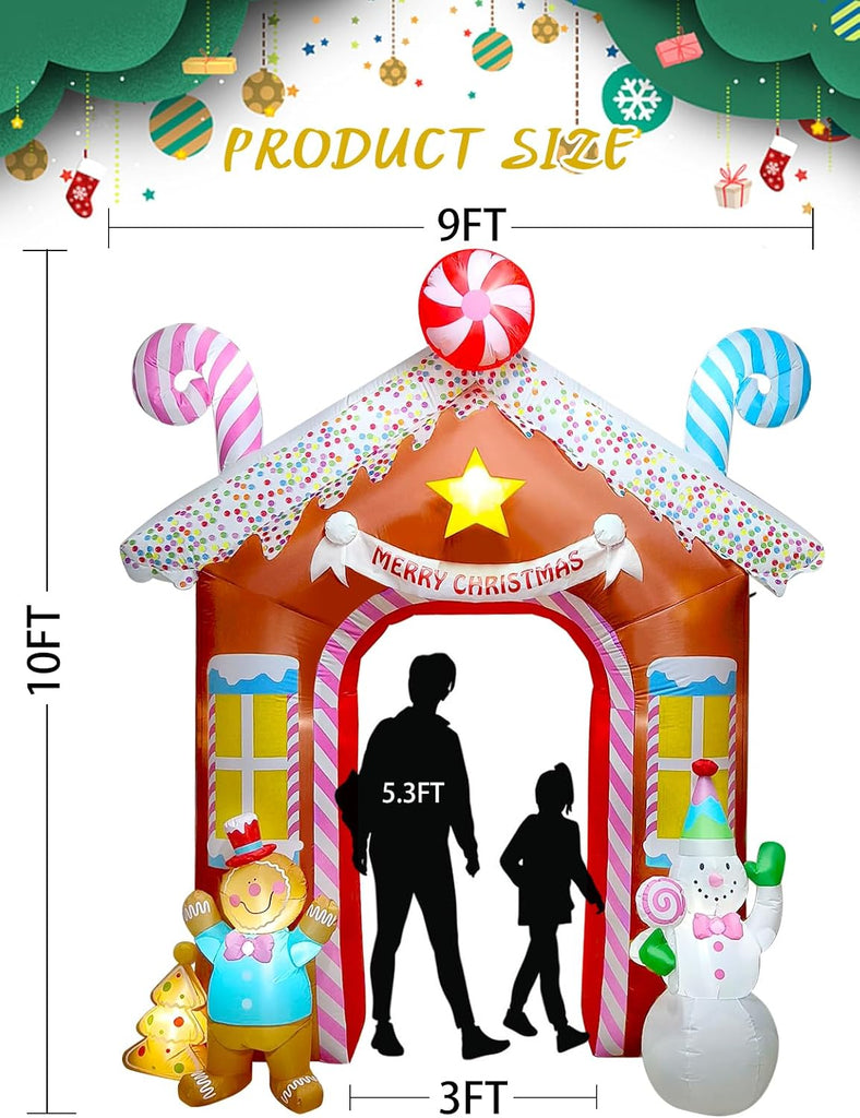 10FT Christmas Inflatables Arch for Outdoor Decoration, Xmas Gingerbread Man Snowman Blow Up Yard Decorations with
