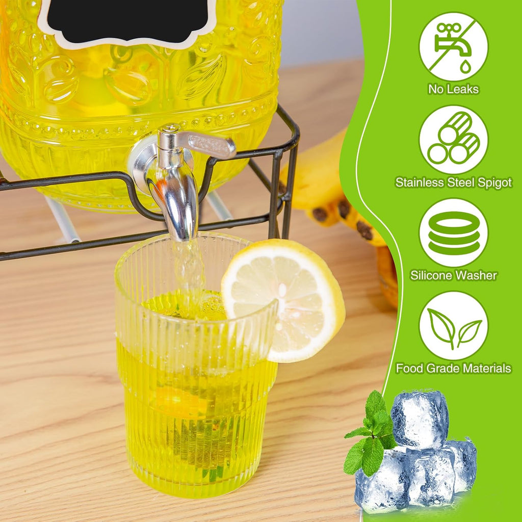 2-Pack1Gallon for Parties,Beverage Dispenser with Stainless Steel Leakproof Spigot/Stand/Bamboo Lids/Fruit - Set of 2