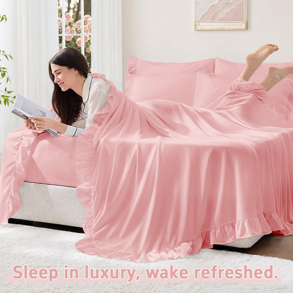 Sheet Set 4 Pieces - Pink Sheets with 4-Inch Ruffles Bed Skirt