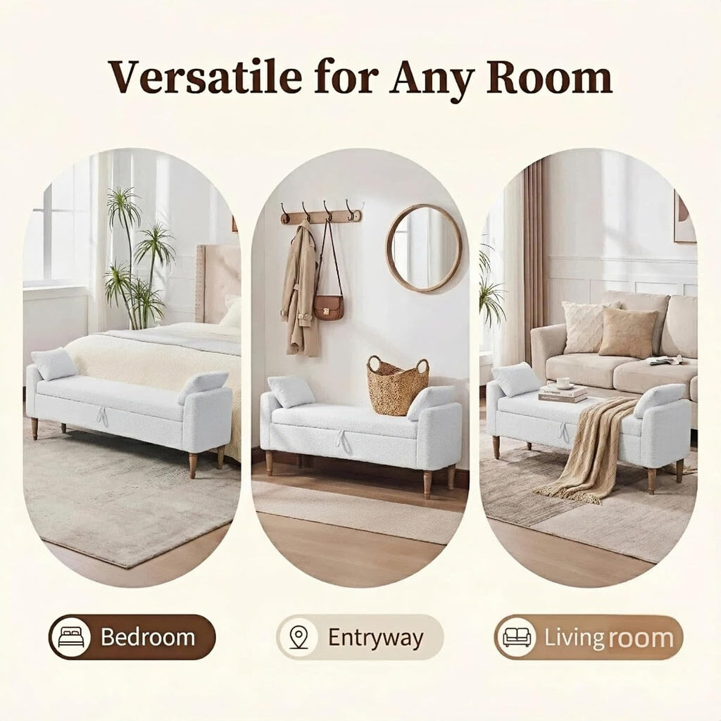 66" End of Bed Storage Bench with Arms, Boucle, Ivory | Flip-top Storage, Bench Daybed, 2 Bolster Pillows, Rubberwood