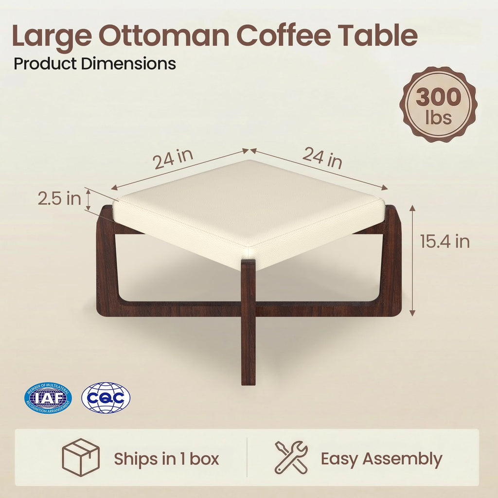 Faux Leather Square Ottoman Coffee Table with Ash Wood Legs (Beige)