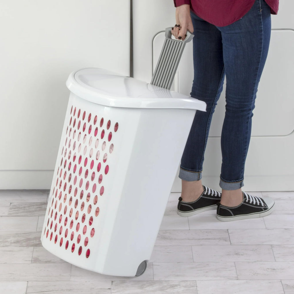 The White Wheeled Plastic Laundry Hamper - Adult-Sized Rolling Basket With Handles