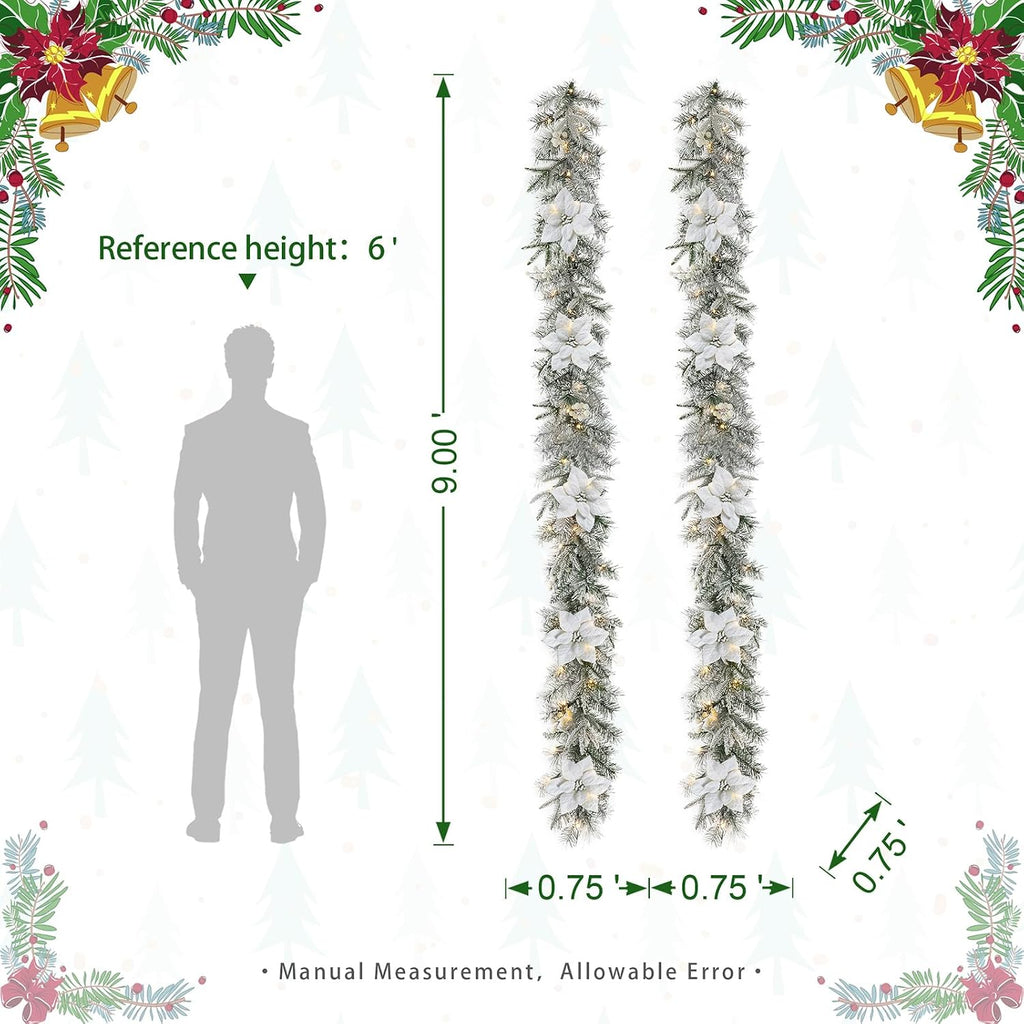 2PCS 9ft Christmas Garlands with Lights, Pre-Lit Snow Flocked Greenery Garlands Poinsettia Pine Garlands with 50 Warm