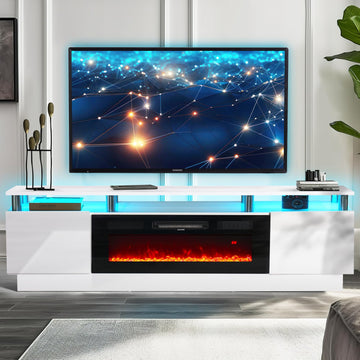 Fireplace TV Stand with 36" Electric Fireplace, 80" 2 Tier TV Console Stand for TVs Up to 90"", LED Light