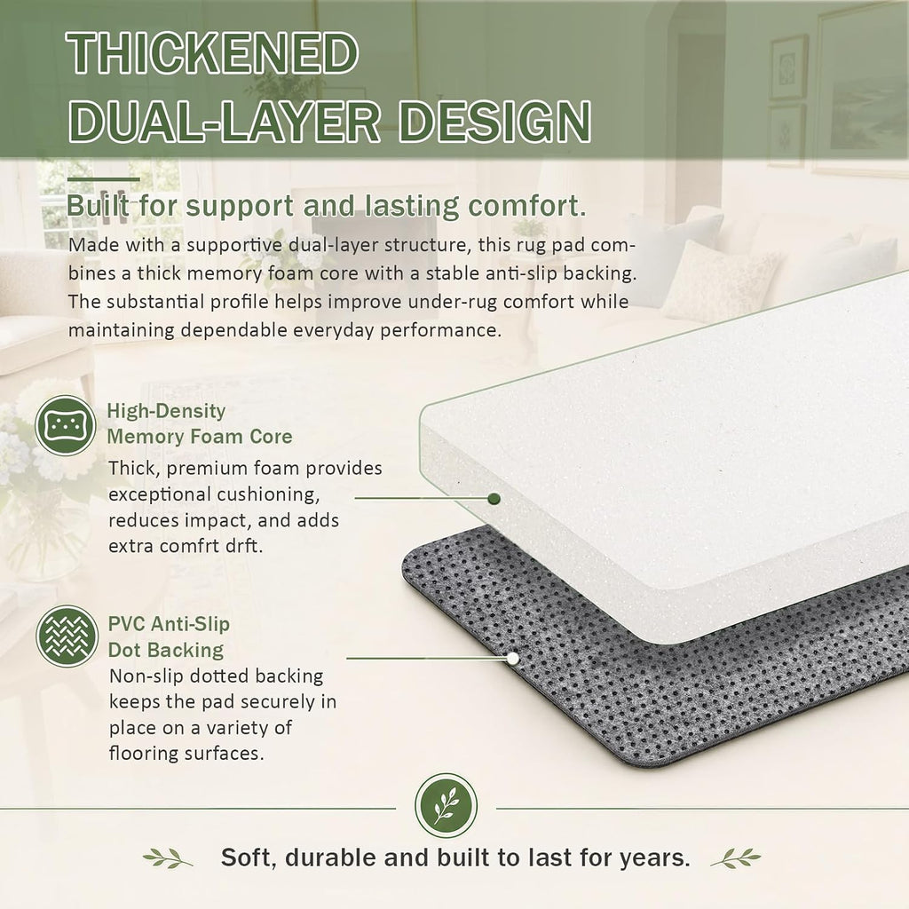 Non Slip Cushioned Rug Pads Rug Carpet Padding 9x12 Ft, 1/4 inch Thick Comfort Memory Foam Rug Pad for Under Area