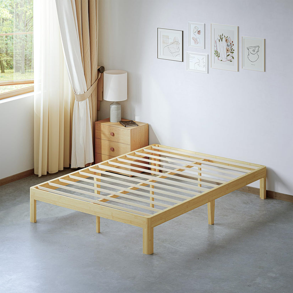 12 Inch High Bamboo Wood Heavy Duty Queen Bed Frame No Box Spring Needed, Platform Bed Frame Queen Size with Metal