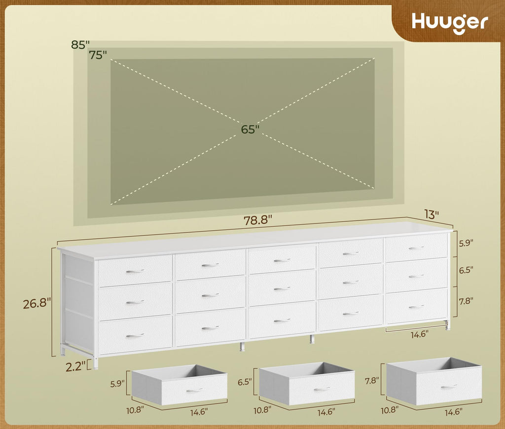 78.7 inch Long Dresser, 15 Drawer Fabric Dresser for Closet, Large TV Stand for 65, 75, 85 inch TV, Wide Chest of
