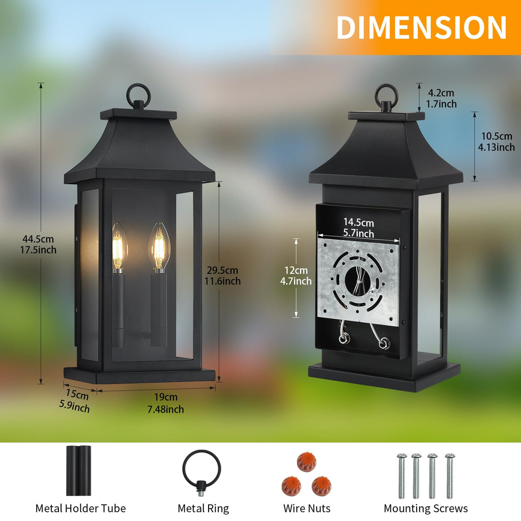 Dusk to Dawn Outdoor Wall Lantern, Black Outdoor Porch Lights, 18'' 2 Pack