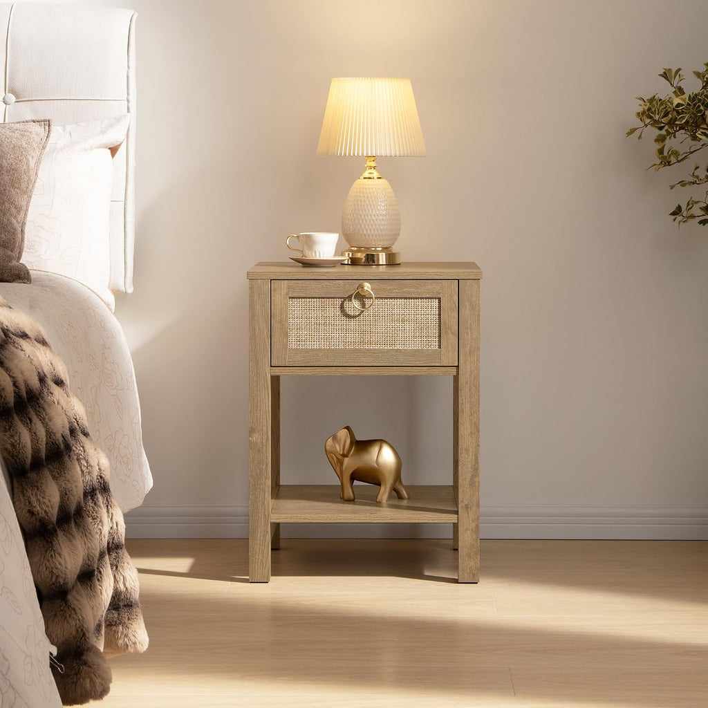 Rattan Nightstand Set of 2, Rattan Decor Drawer with Brass Knobs Night Stand Bedside Table Boho End Tables Side