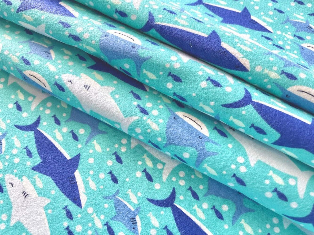 Blue Swimming Sharks on Turquoise Comfy Cotton Flannel Fabric by the Yard