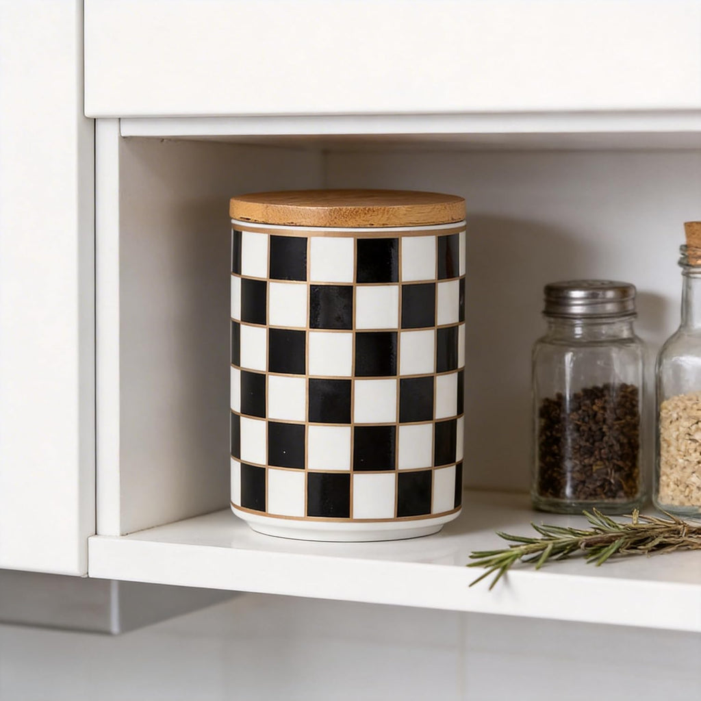 Kitchen Countertop Ceramic Checkered Canisters,Black And White Food Storage Containers With Lid,Airtight Kitchen