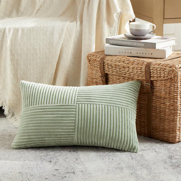 Sage Green Lumbar Decorative Throw Pillow Covers 20x28 Inch Couch Bed, Rustic Farmhouse Boho Home Decor, Soft Striped
