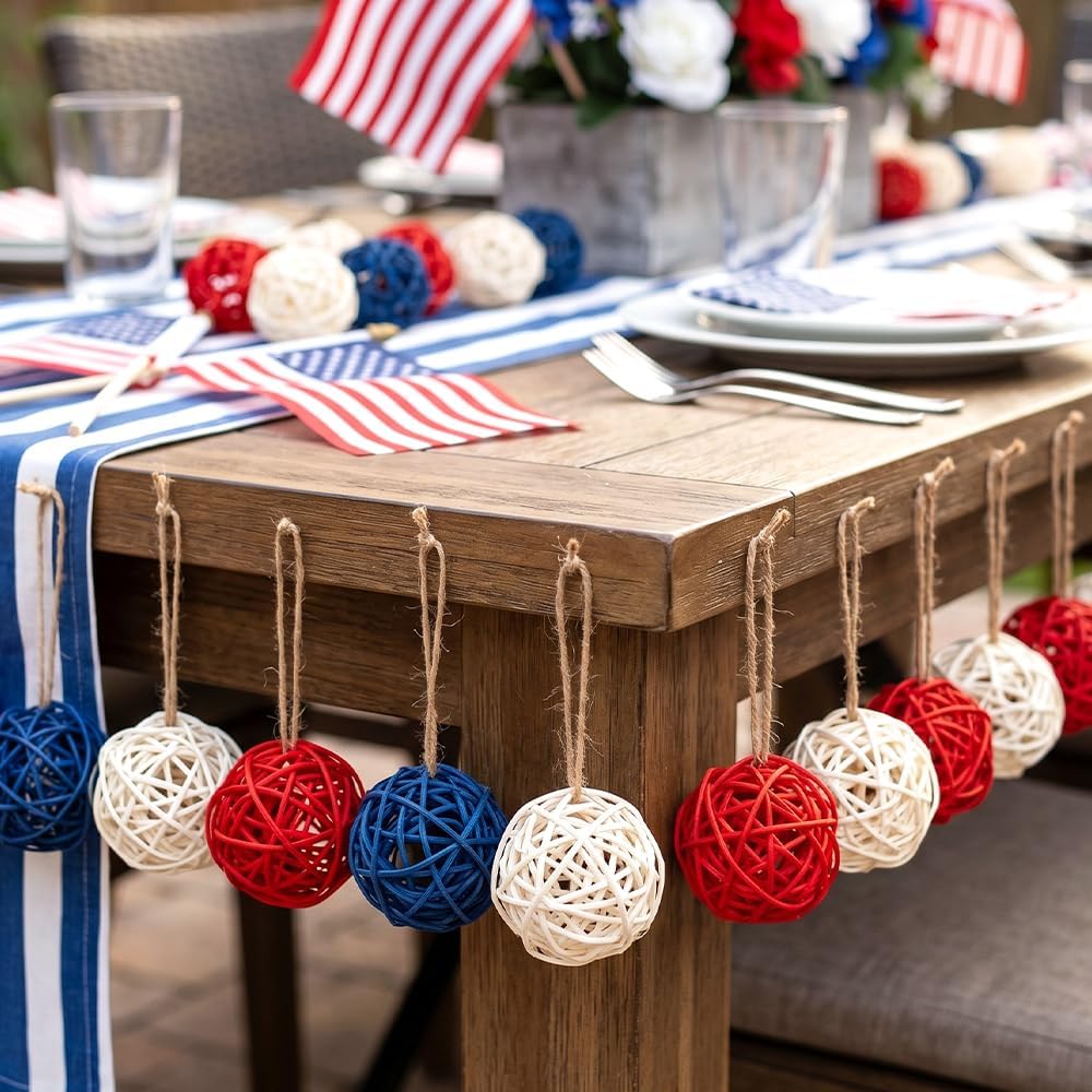 4th of July Decorations Rattan Balls, Patriotic Vase Bowl Filler - Set of 18
