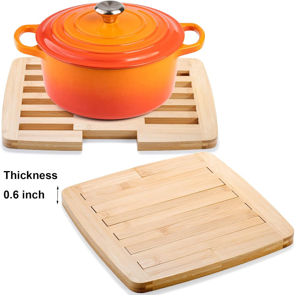 Bamboo Trivet Expandable 9 Inch to 11.8 Inch, Square Hot Pad Trivet Wooden Heat Resistant Mat for Hot Dishes - Set of 2